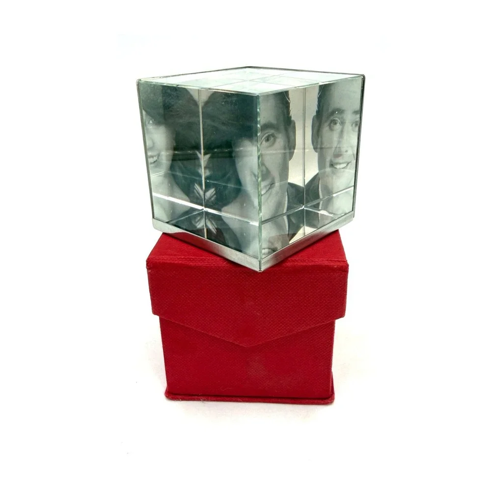 Vintage Glass Photo Cube Silver Plate 2.5 Inch Silver Clear Prism With Gift Box